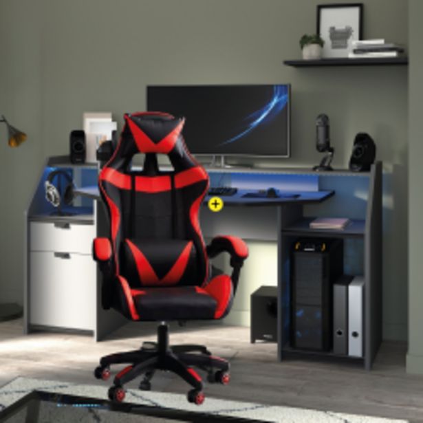 Oferta de Pack Secretária GAMER com luz LED + Cadeira de Escritório GAMER (Vermelho e Preto) por 299€