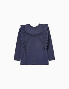 Oferta de T-shirt de Manga Comprida com Folhos e Crochet para Menina, Azul Escuro por 9,99€ em Zippy